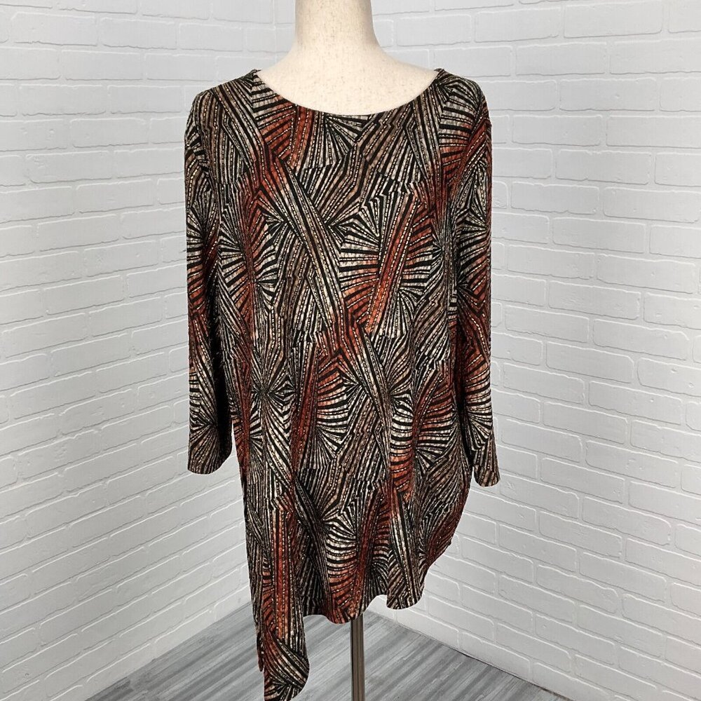 Chicos Travelers Tunic Women 3 XL 16 Black Gold Shimmer Geometric‎ Asymmetric